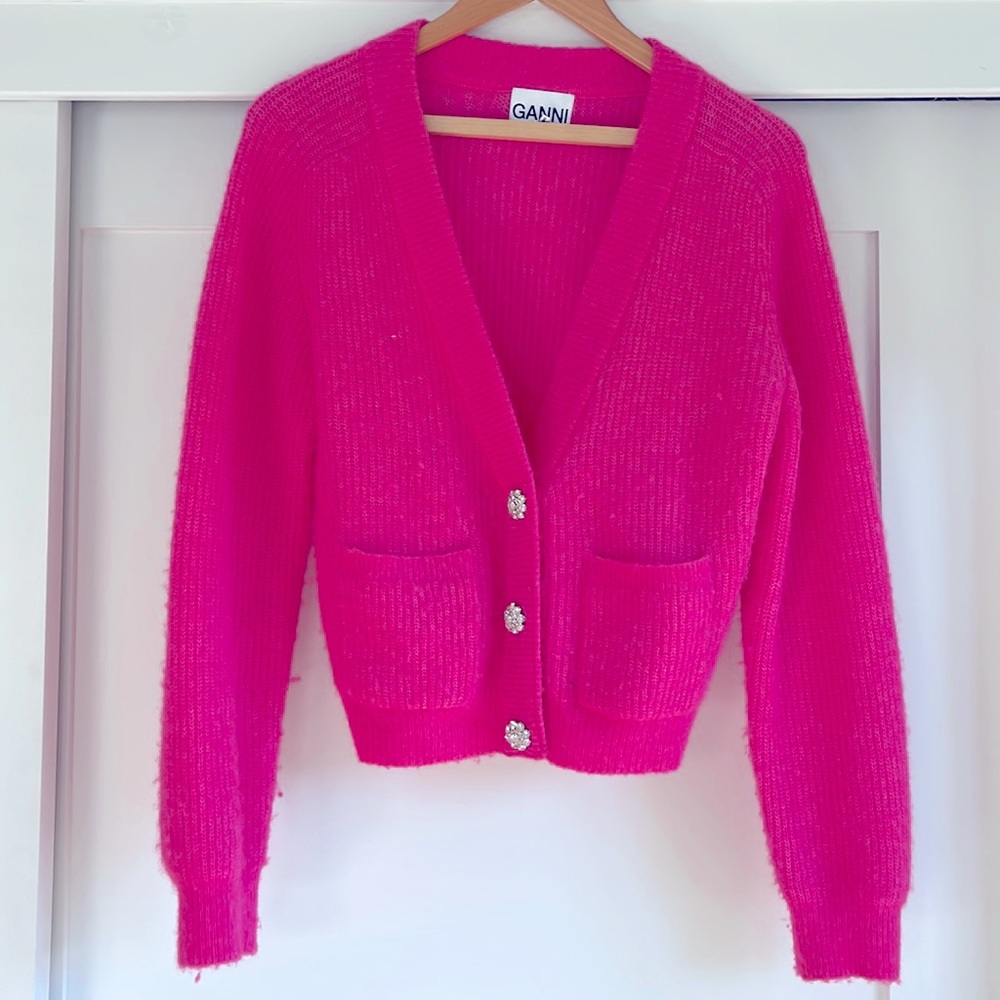GANNI pink embellished button wool cardigan - Picture 2 of 6